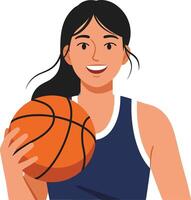 Cheerful female basketball player holding an orange ball in a flat design style illustration vector