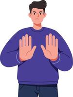 Young man with a serious expression holding his hands up in a stop gesture, flat illustration depicting assertiveness and clear communication vector