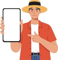 A young man wearing a straw hat and red shirt holding a smartphone while pointing at it in a flat illustration vector