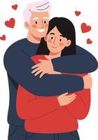 Two happy people embracing each other with love and affection in a flat design art style with heart symbols in the background illustration vector