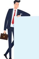 Professional businessman in a suit leaning on a blank sign while holding a briefcase, minimal illustration showcasing confidence and approachability vector