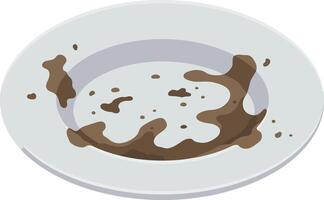 A white plate with remnants of brown food stains in a flat, minimal design style representing a messy dining experience in art vector
