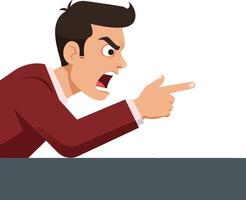 A frustrated businessman in a red suit angrily points while shouting at a desk in a minimal flat illustration vector