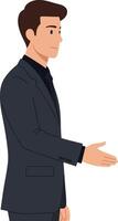 Professional man in a dark suit extending his hand for a handshake in a flat illustration showcasing a confident business interaction vector