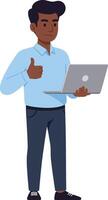 A confident young man with a laptop giving a thumbs up in a flat design illustration, showcasing positivity and professionalism in a digital workspace setting vector