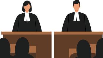 Two lawyers in formal attire presenting arguments at a courtroom with an engaged audience, flat art vector