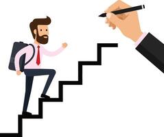 A confident man in business attire climbing stairs while a hand draws the steps in a minimal flat design art vector