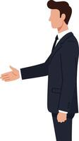Businessman in a suit extending his hand for a handshake in a professional flat design illustration vector