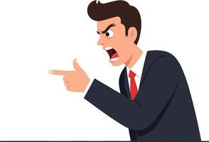 Angry businessman in a suit expressing frustration while pointing emphatically in a flat and minimal illustration vector