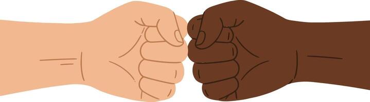 Two diverse hands engaging in a fist bump gesture, showcasing unity and friendship, flat design illustration vector
