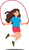 Young girl joyfully jumping rope in a playful, vibrant scene with flat design style art vector