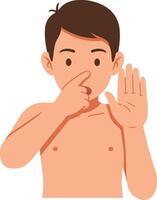 Boy making a shushing gesture while holding his finger to his lips in minimal illustration style emphasizing expression and communication in art vector