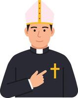 A smiling priest in traditional attire pointing to a golden cross on his chest in detailed illustration vector