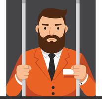 A man in an orange prison uniform behind bars, showcasing a serious expression in a minimal flat illustration vector