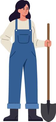 Young woman in blue overalls holding a shovel while standing confidently in a minimal and clean illustration