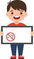 Smiling boy holding a no smoking sign in a flat, colorful design style for illustration vector