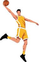 Dynamic male basketball player in action wearing yellow jersey performing an impressive jump shot in a flat illustration vector