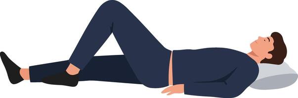 A man lying on his back with one leg raised in a relaxed pose, flat illustration showcasing calmness and tranquility vector