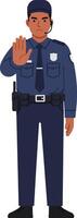 Police officer in blue uniform standing with hand raised in a stop gesture, flat illustration emphasizing authority and readiness for action in a community setting art vector
