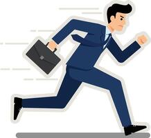 Businessman in a navy suit running quickly with a briefcase in hand in a flat illustration vector