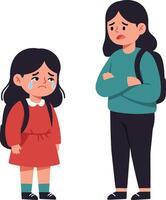 Two girls in a heartfelt confrontation, one sad with tears, the other concerned, in a flat, colorful illustration vector