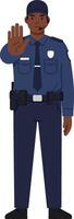 Police officer in blue uniform with hand raised in a stopping gesture, featuring flat design elements and a confident expression, illustration vector