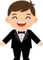 Cheerful young boy in a classic black tuxedo with a pink bow tie, smiling broadly in a playful flat illustration vector