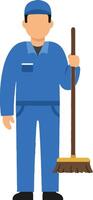 A blue-uniformed janitor holding a broom in a minimal flat design illustration depicting a cleaning scene with a tidy atmosphere vector