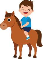Happy child riding a cheerful brown horse in a playful, colorful, flat design style illustration vector
