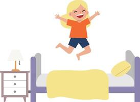Cheerful child jumping joyfully on a bed in a bright, minimal style illustration vector