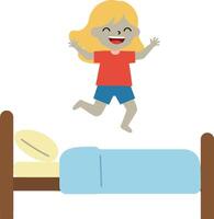Happy child jumping on a bed with excitement in a playful, flat design style, showcasing joy and energy in illustration vector