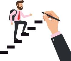 A businessman climbing abstract stairs with a hand sketching the scene in a minimal flat design illustration showcasing ambition and creativity in a professional setting vector
