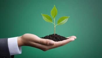 reduction net reusing green ai hold change concept recycle development sustainability climate sustainability social environmental generative energy businessman environmental reuse sapling sustainable photo