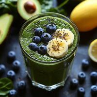 Nutritious green smoothie with spinach, banana, blueberries, and chia seeds photo