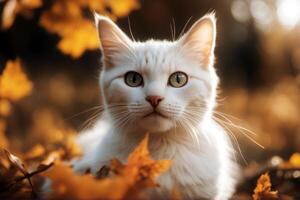 kitty portrait Autumn cute nature game whisker playing cat beautiful leaf closeup kitten pet colours lawn domestic fluffy outdoors photo