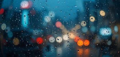 Raindrops on Glass with City Lights Creating Blurred Bokeh Effect photo