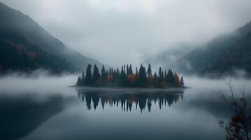 Misty Lake Landscape with Island and Forest Reflection Under Cloudy Sky photo
