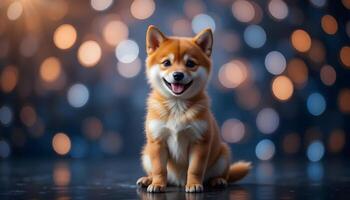 Smiling Shiba Inu Puppy Sitting with Festive Bokeh Background photo