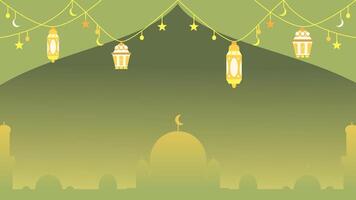 Flat Islamic Background with Hanging Lanterns and Mosque in Green and Gold Gradient vector