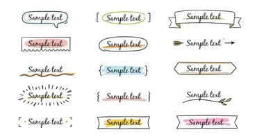 Text title frame handwriting ribbon, square, circle decoration element. Doodle cute title frame simple text box, label, tag. Hand drawn sketch style decoration. vector