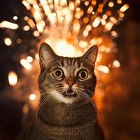 Surprised cat against glowing fireworks in night sky photo