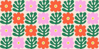 Seamless geometric floral pattern with abstract hand drawn flowers in a colorful square grid. Bold modern design for textiles, wallpapers, packaging. vector
