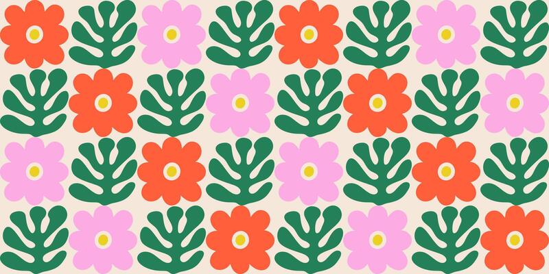 Seamless geometric floral pattern with abstract hand drawn flowers in a colorful square grid. Bold modern design for textiles, wallpapers, packaging.