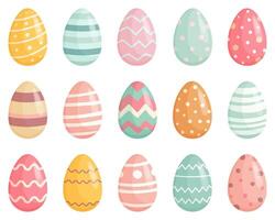 A collection of colorful Easter eggs with various decorative patterns on a white background. Bright festive design, perfect for holiday themes and seasonal decorations. vector