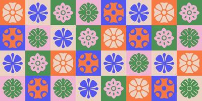 Seamless geometric floral pattern with abstract hand drawn flowers in a colorful square grid. Bold modern design for textiles, wallpapers, packaging, and digital backgrounds. vector