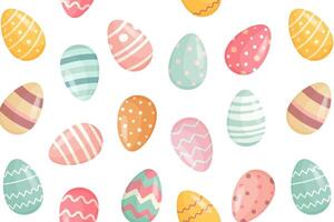 Seamless chaotic pattern of colorful Easter eggs with various decorative designs on a white background. Perfect for festive textiles, gift wrap, and holiday decor. vector
