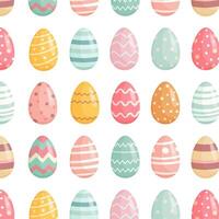 Seamless pattern of colorful Easter eggs with various decorative designs, arranged in an even grid on a white background. Perfect for festive textiles, gift wrap, and holiday decor. vector