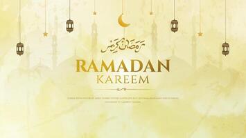 Elegant Ramadan Greeting Card with Lanterns and Crescent Moon on Yellow Background vector