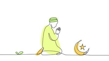 Continuous Line Art of Praying Figure with Crescent Moon and Star. Suitable for ramadan or islamic template. vector