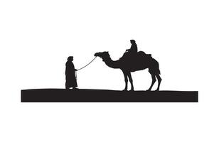 Travel scene with man walking camel in desert vector
